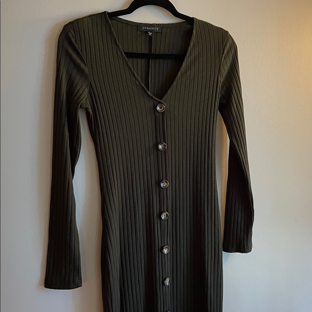 Dynamite Long Sleeve Ribbed Dress in Dark Green